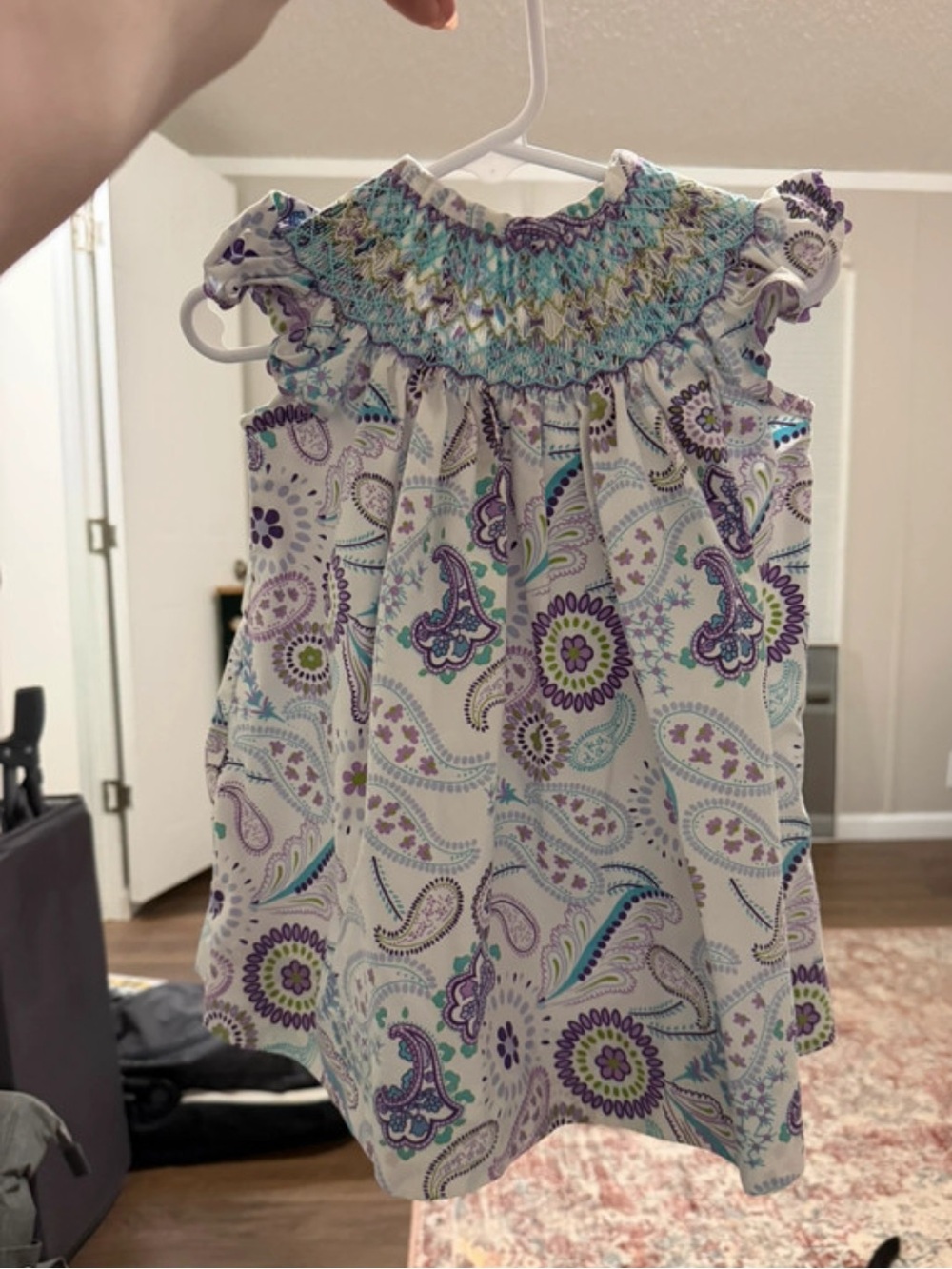 Girls' Smocked Paisley Sundress in White with Purple & Teal